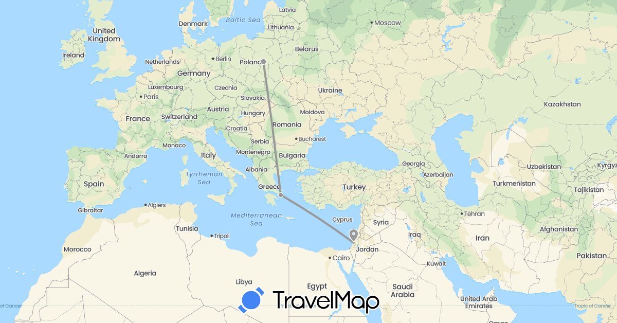 TravelMap itinerary: driving, plane in Greece, Israel, Poland (Asia, Europe)